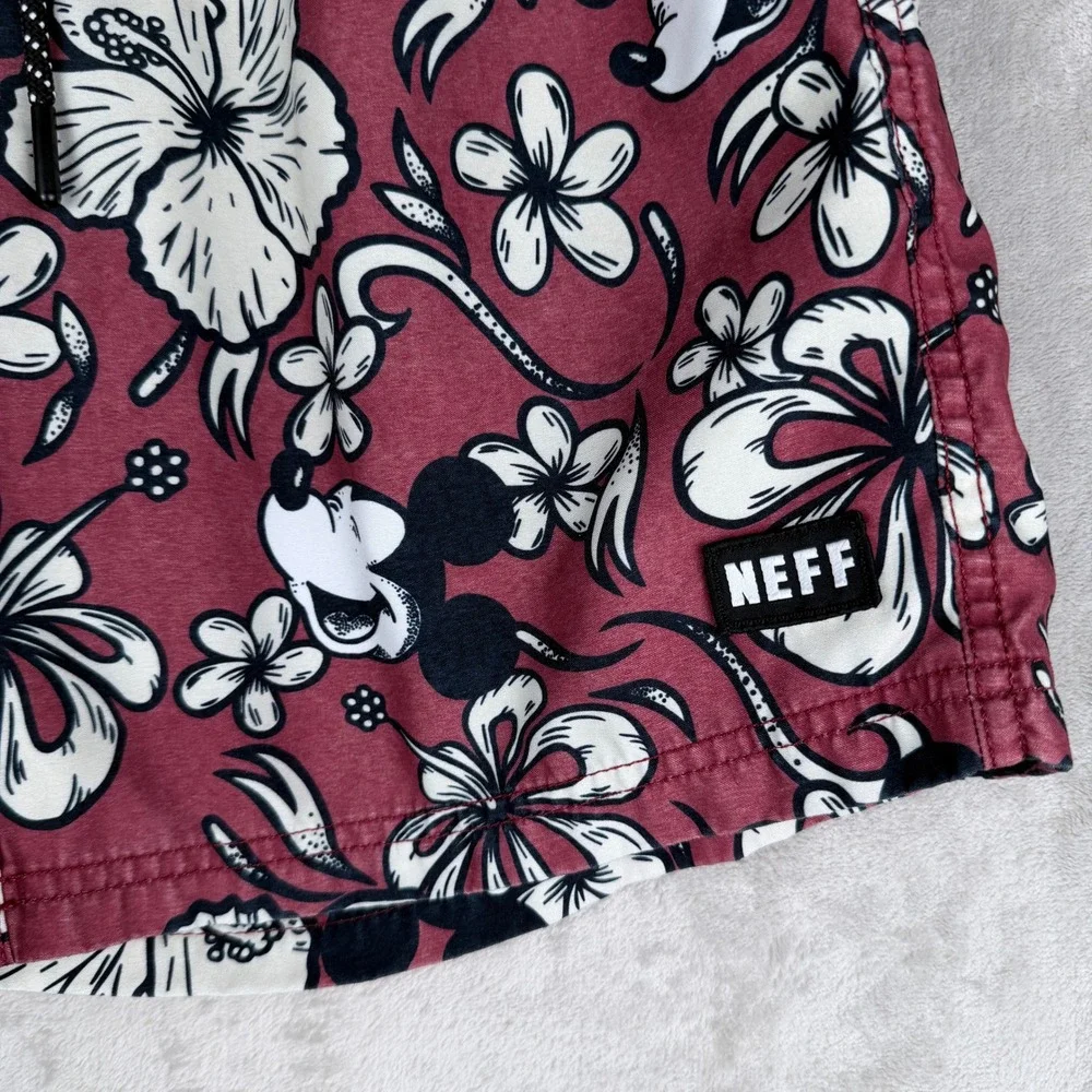 Neff Disney Mickey Mouse Swim Trunks‎ Mens Small Maroon Floral Hibiscus Shorts